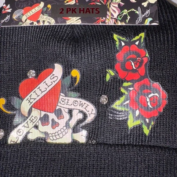 Ed Hardy two Black Beanie Hats "Love Kills Slowly" Skull Rose Graphic Rhinestone - Picture 7 of 7